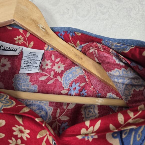 VTG Capacity Top Shirt Shacket M Red Blue Paisley Floral Mixed Denim Collar - Picture 11 of 16